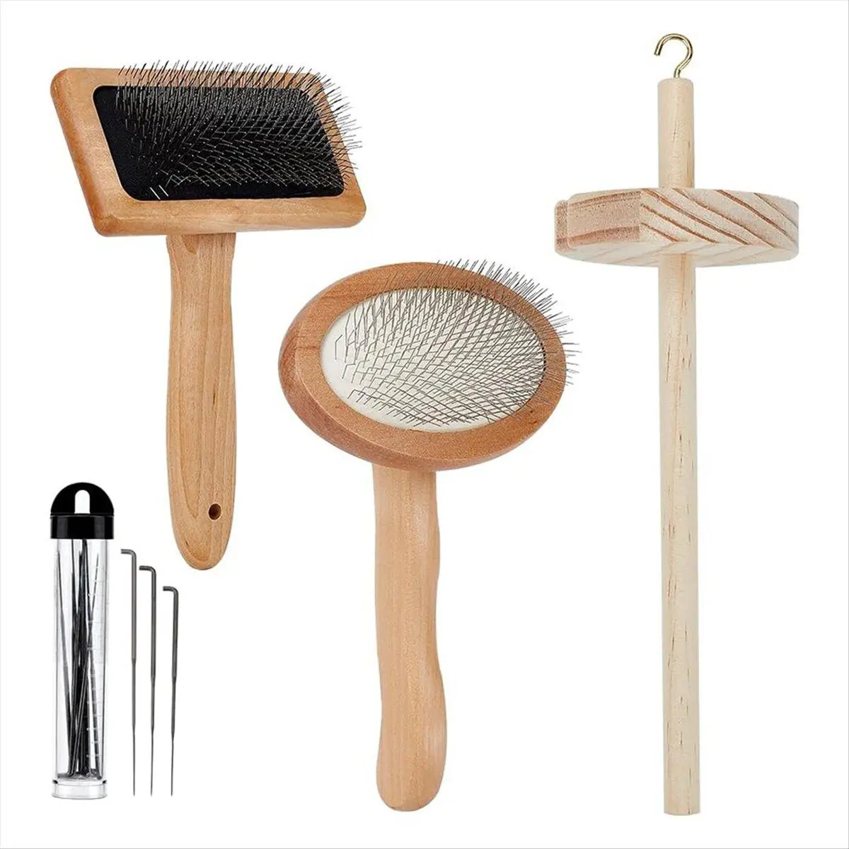 4Pcs Wooden Wool Carder,Slicker Brush Wood Spinning-Tool Felting Tool Kit with 12Pcs Craft Wool Needle for Yarn Blending