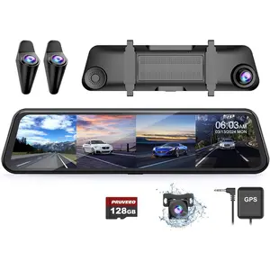 12'' Rear View Mirror Camera,360 View 4 Channel Mirror Dash Cam Detached Camera for Cars,FHD1080Px4,Dash Cam Front and Rear Side(Left,Right),Night Vision,GPS,Parking Monitor,Free 128GB Card