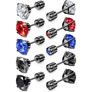 5 Pairs Surgical Steel Earrings Screw  Stainless Steel Stud Earrings for Women Men, Rainbow 5A Cubic Zirconia Sleeper Studs  Earrings for  Ears 3-8mm