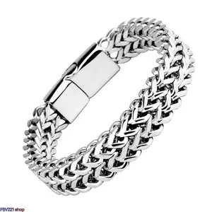 Men's Double Row Franco Chain Bracelet - Stainless Steel Curb Link Wristband with Heavy-Duty Magnetic Clasp, Streetwear Costume Jewelry Accessory