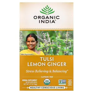 Organic India Tulsi Lemon Ginger Tea, Caffeine-Free, 18 Infusion Bags, 1.27 oz (36 g)