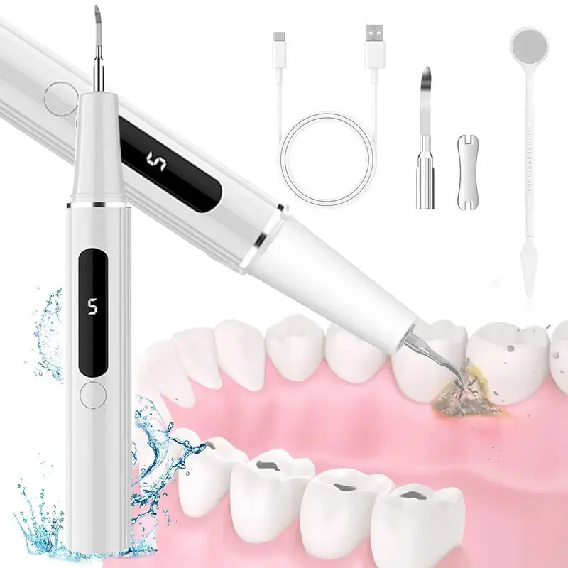 Ultrasonic Teeth Cleaner Kit for Plaque Removal, Tartar Remover Tool with 5 Settings, Safe on Gums, IPX6 Waterproof & USB-Rechargeable with Mirror, Setting