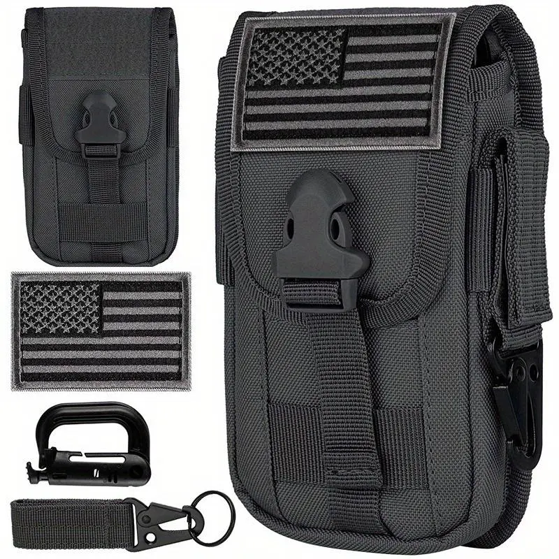 Smartphone Waist Pouch Smartphone Storage Case MOLLE System Accessory Pouch Waist Bag/Belt Pouch Fits 4.7"-6.7" phones (with protective case) Features American flag patch, D-ring, and gear clip Tactical Pack Waist Packs