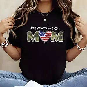 Marine Mom Patriotic Heart American Flag Camo Design T-Shirt For Military Family Support And Memorial Day Celebration