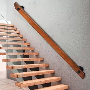 Wooden Handrail, Indoor Non-Slip Stair Handrail, Vintage Country Style Wall-Mounted Railing, Home Loft Corridor Support Rod, Industrial Pipe Support, Easy to Install (Dark Wood, 2 Feet)