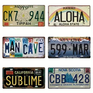 Vintage License Plate Wall Art Set | 6pc Retro Metal Plaques w/ California, Hawaii & Nova Scotia, Man Cave Decor w/ Rustic Road Trip Style