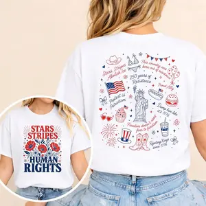 Stars Stripes and Human Rights Shirt, Subtle Doodle Liberal 4th Of July Tee, Anti Fascism Progressive Doodle Tee, Human Rights Activist Tee tshirt,Casual,shirts