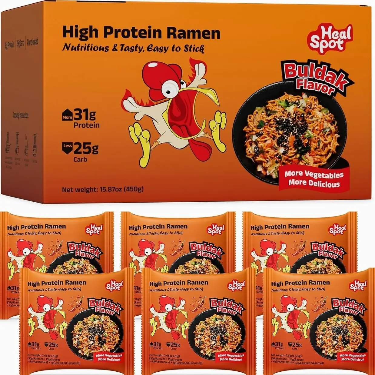 Healspot High Protein Spicy Buldak Noodles, Dry Tossed Ramen, 30g Plant-Based Protein, Low Fat, Low Carb, Non GMO, Keto Friendly & Plant Based (6 packs)