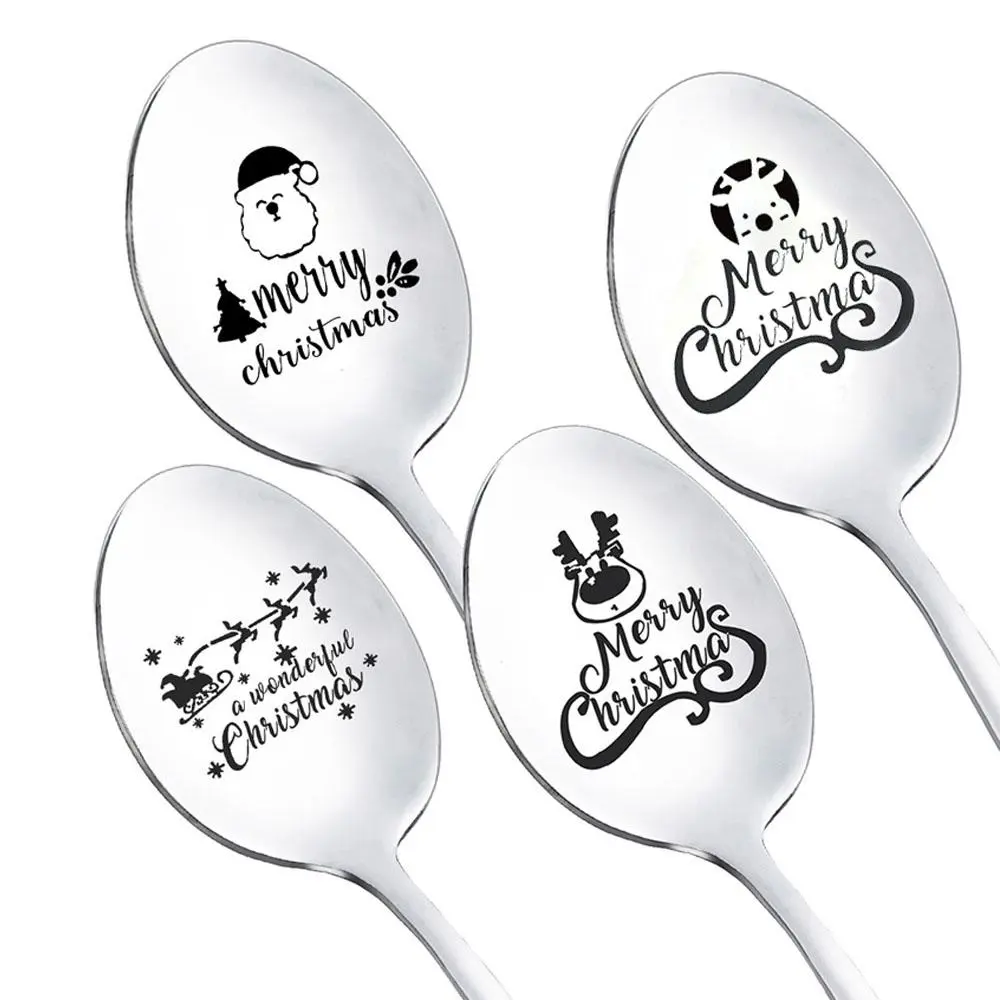 Christmas Themed Stainless Steel Spoon, 4/8/12/16pcs Creative Engraving Spoon, Tableware for Home Kitchen Dining Room Party