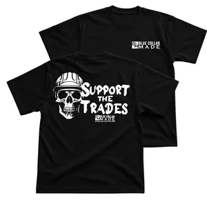 Blue Collar Made Support The Trades T-Shirt, Skull Hard Hat Graphic Tee, Blue Collar Worker Back Print Shirt, Construction Tradesman Workwear Outfit, Contractor Laborer Gift for Men and Women