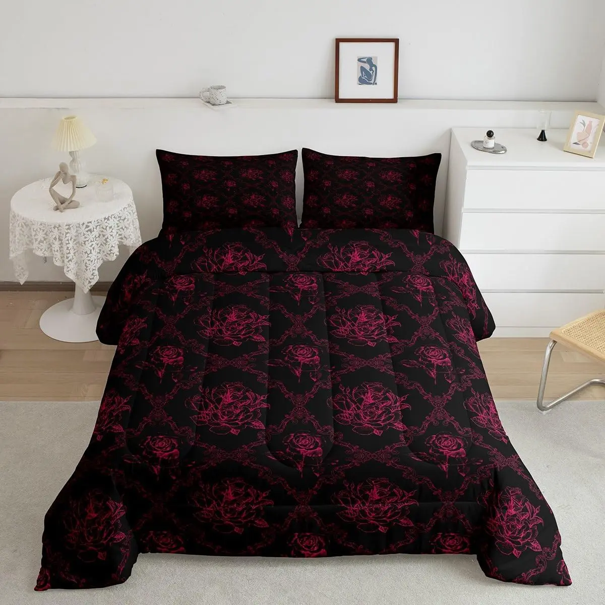 Feelyou Gothic Queen Comforter Set - Vintage Rose Pink and Black Damask Microfiber Bedding Set, Luxury Floral Duvet for Teens, Unique Gothic Bedding, Unique Bedding Sets