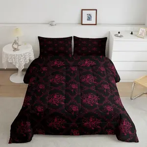 Gothic Comforter Set,Vintage Rose Comforter,Pink Black Damask Bedding Set for Boys Girls Teens,Luxury Floral Flower Duvet Set