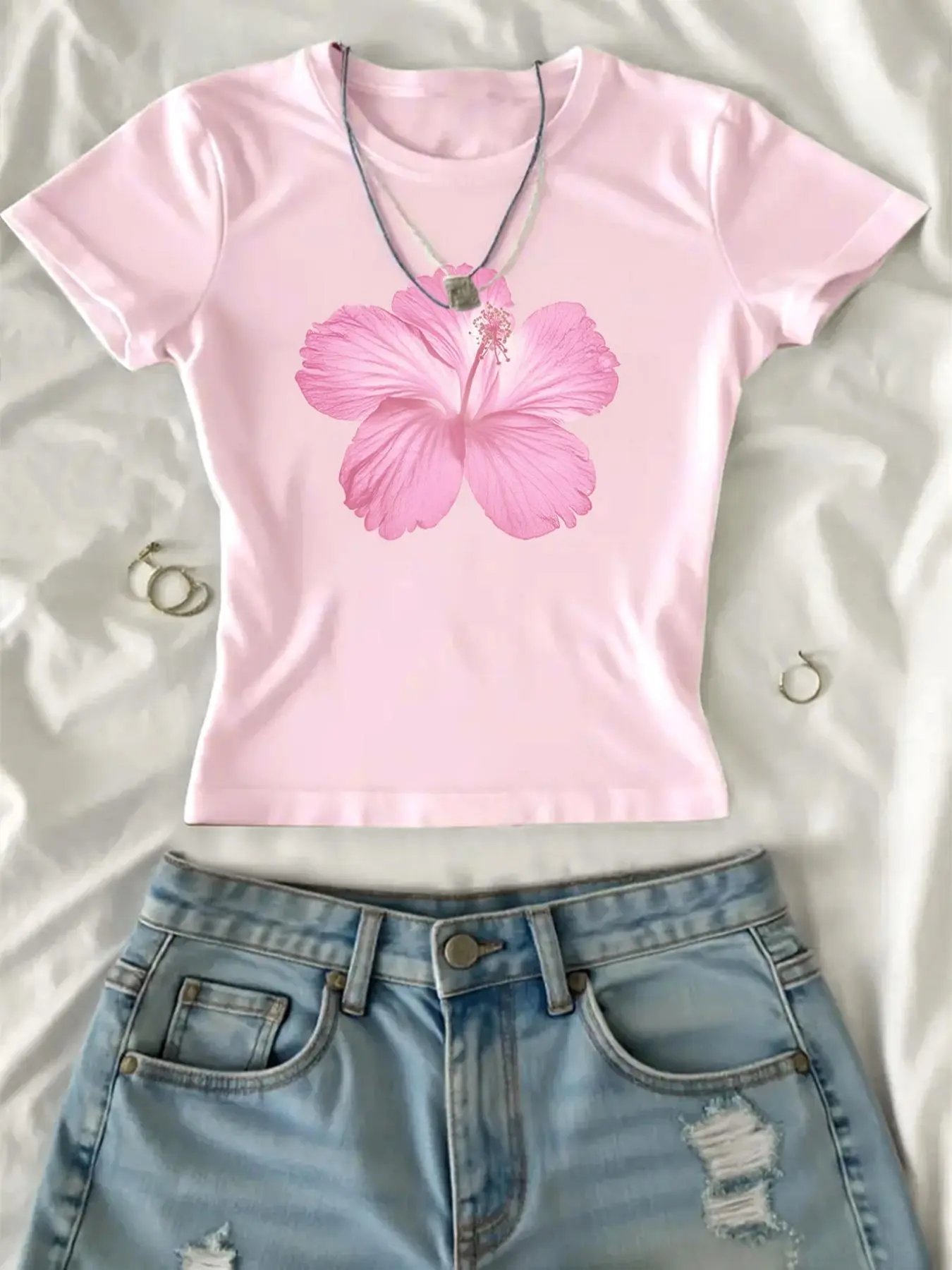 Women's Casual Comfy Boho Floral Printed Crop Tee, Y2K Trendy Casual Round Neck Short Sleeve T-shirt for Daily Wear, Ladies All Seasons, Top, Casual Summer Tee, Casual Summer Chic, Womenswear