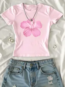 Women's Floral Print Crop Tee, Y2K Trendy Casual Round Neck Short Sleeve T-shirt for Daily Wear, Ladies All Seasons, Top, Womenswear