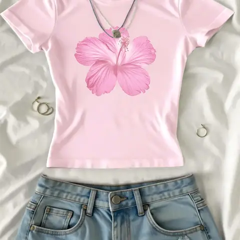 Women's Casual Comfy Boho Floral Printed Crop Tee, Y2K Trendy Casual Round Neck Short Sleeve T-shirt for Daily Wear, Ladies All Seasons, Top, Casual Cropped Tee, Casual Summer Tee, Casual Summer Chic, Casual Comfy Clothes, Womenswear