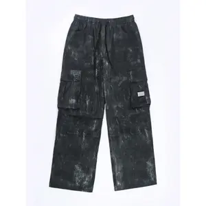 Men's Black Tie Dye Wide Leg Cargo Pants Retro Streetwear Trousers with Elastic Waist, Baggy Y2K Fashion, Vintage Wash Style, Viral Outfit, Acubi Aesthetic, Relaxed Fit, Trending 2026, Everyday Wear Alphabet Print Loose Sweatpants casual
