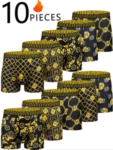 Men's Luxury Gold Patterned Short Briefs, Comfortable High Elasticity Square Leg Swimsuits, Casual Fitted Underwear, Cycling Shorts