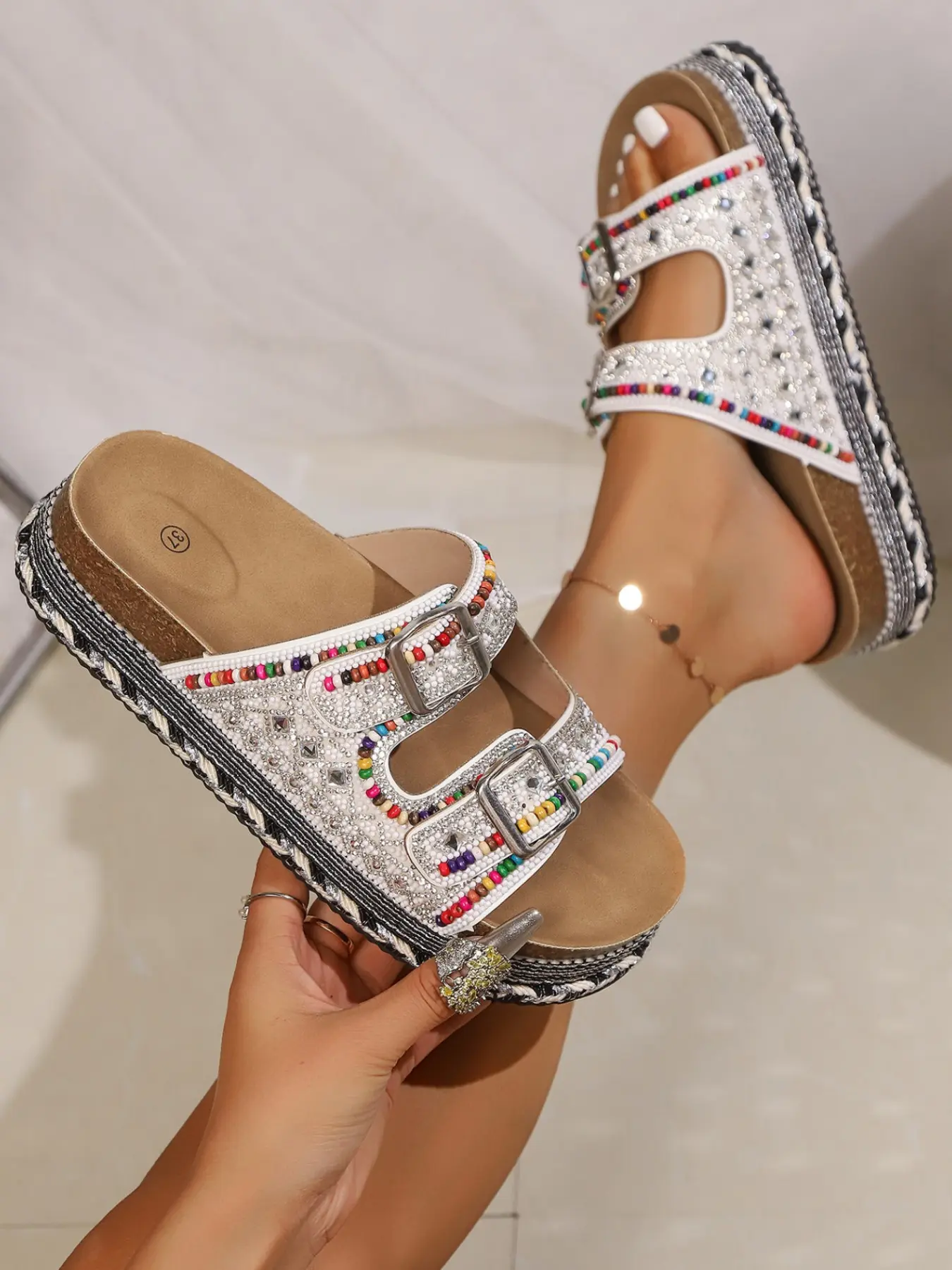 Women's Rhinestone Thick Sole Sandals, Casual Platform Sandals, Boho Style Summer Height Increasing Shoes, Casual Party Footwear