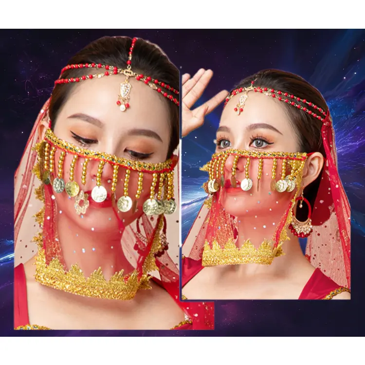 Halloween Original Belly Dance Veil Oriental Dance Scarf Ancient Style Hanfu Women Beaded Veil Mask Dance Scarf