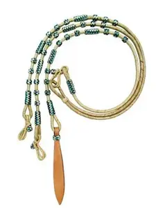 Braided Natural Rawhide Romal Reins with Leather Popper and Blue Rawhide Beads