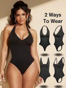 Women's Abdominal Control Seamless Smooth Shapewear Bodysuit, Dual-Way Wearing, Removable Straps, Panty-Style, Bikini Style, Strapless Halterneck