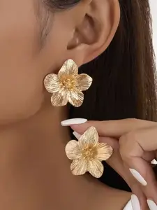 Gold Floral Stud Earrings with Textured Petals and Beaded Center for Women