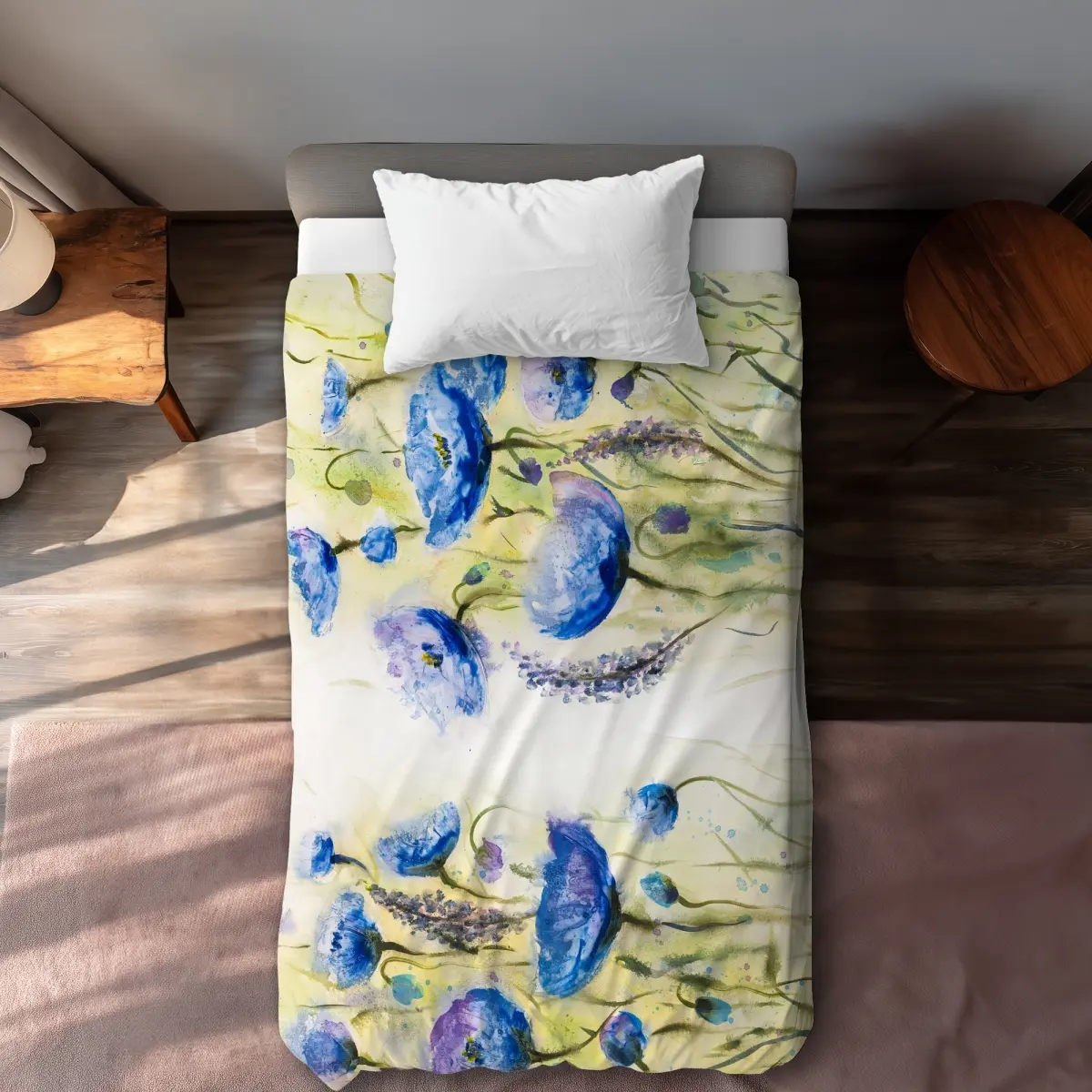 Twin Size 360 Stand Boho Duvet Cover Bedding Set - Blue & Garden Green All-Over Botanical Print, Breathable Modern Bohemian Design, Machine Washable Bedroom Home Decor Essential