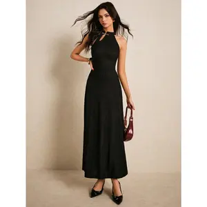 Women's Long Plain Dress, Sleeveless, Slim Fit, Burgundy, Gold Button, Elegant A-Line, Knitted Fabric, Casual Summer Wear
