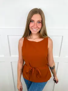 Rust Orange Knit Tank Top for Women, a Casual and Minimalist Polyester Basic with a Stylish Tie Waist and Back Zipper