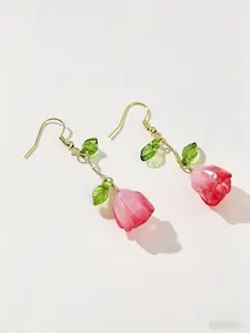 Pink Flower Dangle Earrings for Women Cute Tulip Earrings Fairy Statement Summer Refreshing Seaside Idyllic Holiday Earrings
