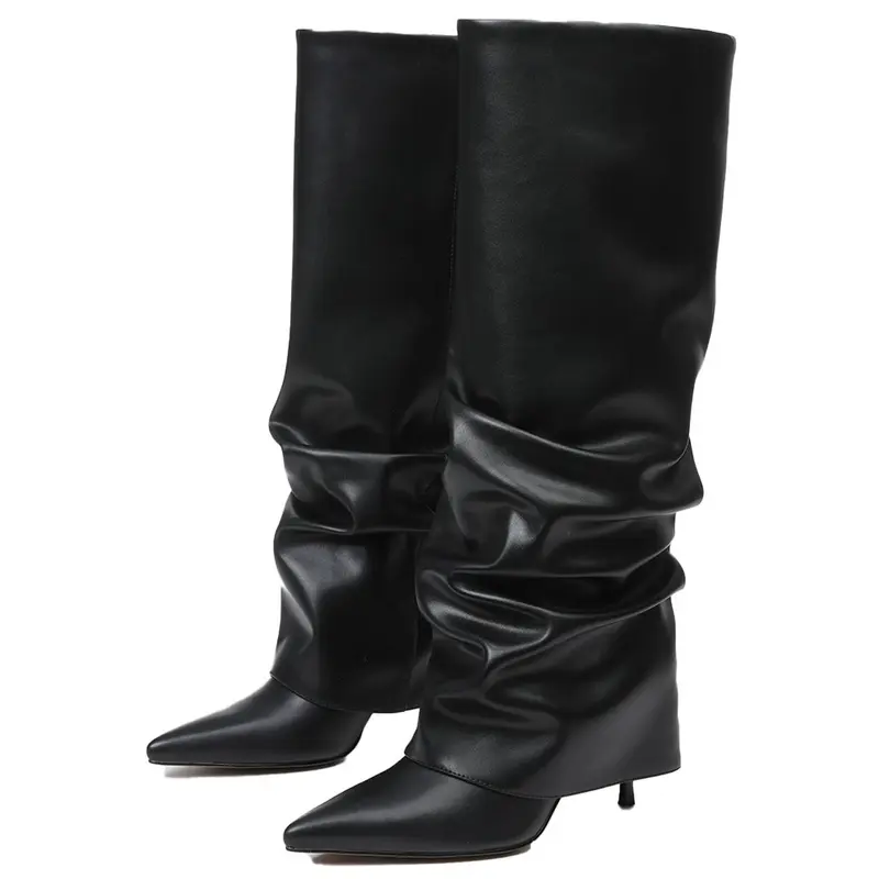 EROCALLI Women's Knee-Height Fold-Over Slouchy Boots - Pointed Toe Stiletto Heel Leather Slip-On with Ruched Details, Women's Shoes for Daily Elegance, Formal Athletic Footwear for Party, Business