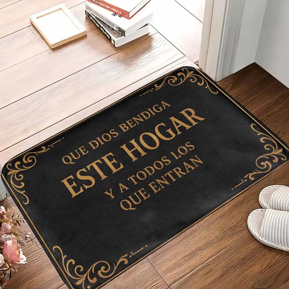 Vintage Gold Letter Print Bless This Home Doormat, Durable Polyester/Rubber, Anti-Slip Back, Absorbent Low-Profile Rug for Front Door, Porch, Housewarming Gift Decoration