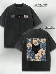 Black Cat Floral Pattern, Interesting Print, Vintage Washed Cotton T-Shirt, Y2k Style, American Street Style, Suitable For Men And Women Womenswear Fit Top