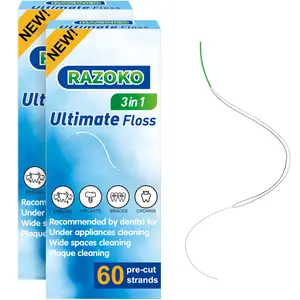 RAZOKO Dental Floss for Braces, 3 in 1 Ultimate Floss Pre-Cut Strands, 60 Count (Pack of 2)