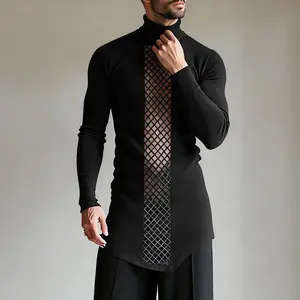 INCERUN Menswear Sheer Grid Mesh Splicing Turtleneck Long-Sleeve T-Shirt - Asymmetric Hem, Fashion Evening Party Top,summervibes