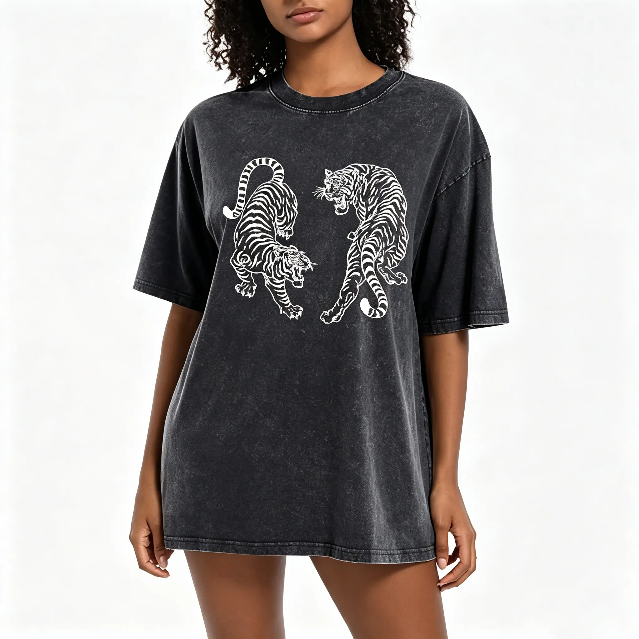 Tiger Graphic Tees Shirt for Women Oversized Streetwear Shirts Acid Wash Tshirt Tigers Print Cotton Summer Tops