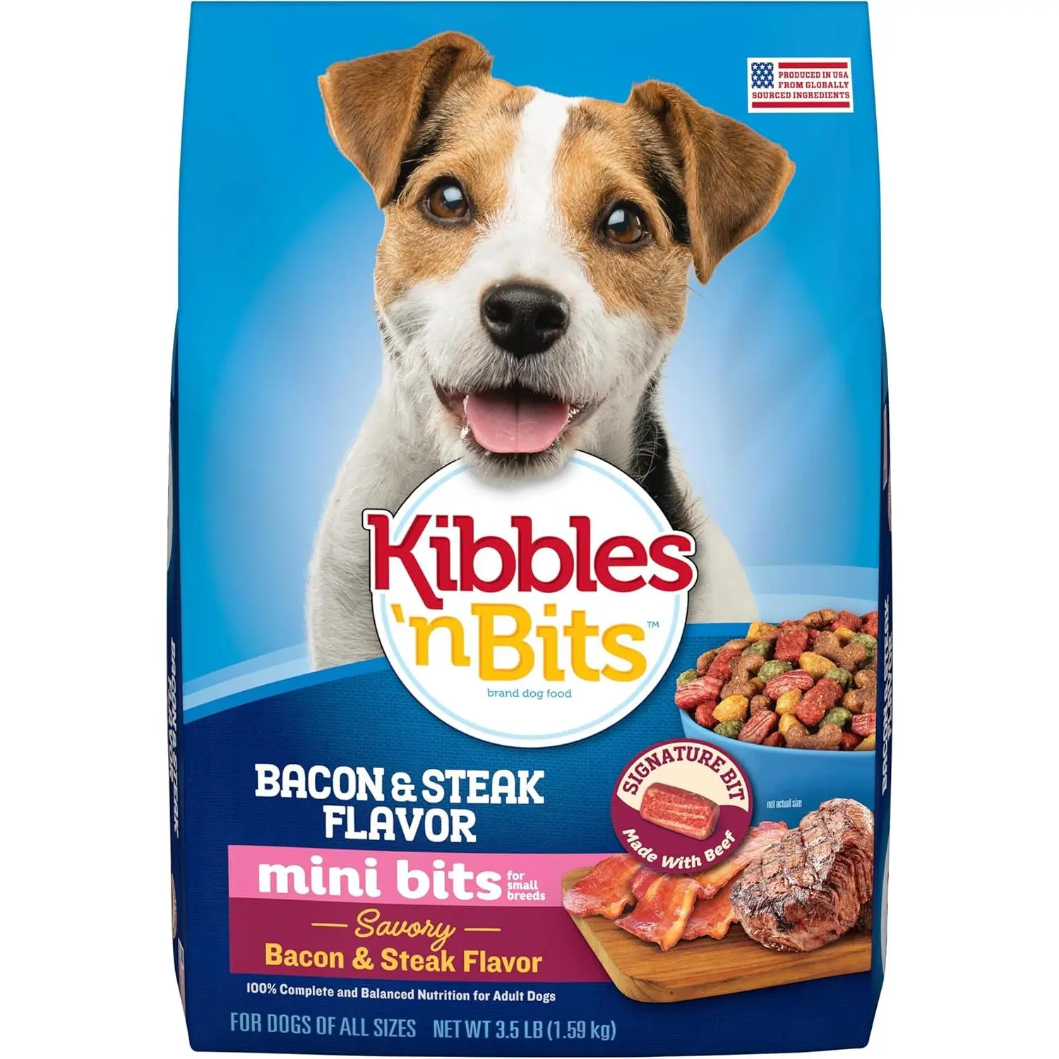 Kibbles 'n Bits Mini Bits Small Breed Dry Dog Food, 3.5 lb. Bag | Complete & Balanced Nutrition Formulated For Small Adult Dogs Crafted With Easy-To-Chew Bites Of Savory Bacon & Steak Flavors