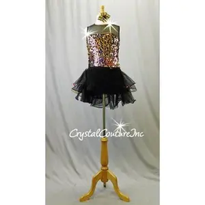 Black with Gold, Rainbow Color Sequin Biketard with Fringe/Sheer Skirt - Swarovski Rhinestone