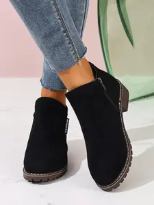 Women's Double Zipper Chunky Block Heel Ankle Boots, Solid Color Design, Versatile Casual Footwear for All Seasons, Trendy Fall & Winter Style