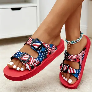 Womens Independence Day Slippers 4th of July Patriotic Open Toe Slip On Lightweight Casual Summer Shoes 2026 Red White Blue Comfortable Slide Sandals Everyday Indoor Outdoor Footwear Festive Holiday House Shoes Beach Pool Slippers