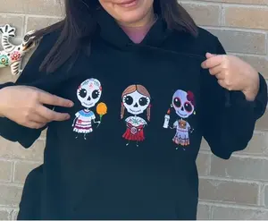 Catrinas Mexican Embroidered Hoodie - Unisex Crewneck Sweater Featuring Skulls and Floral Accents