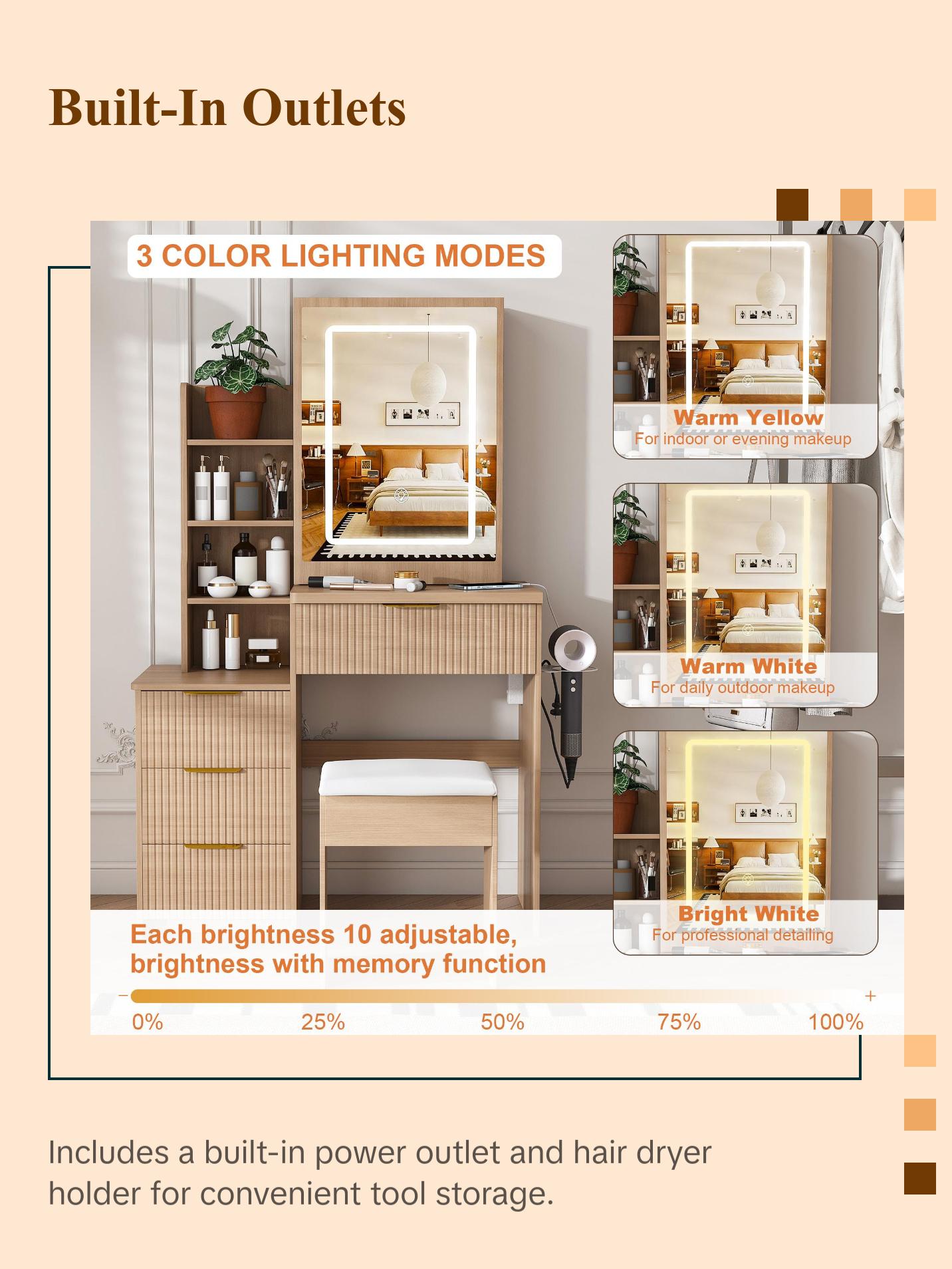 Modern Vanity Desk with LED Lighting 3 Modes & Adjustable Brightness, Makeup Table with 4 Drawers & Storage Shelves, Built-in Power Outlet & Hair Dryer Holder, Easy Assembly