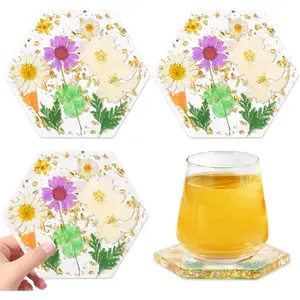 Clear Hexagon  Coasters: 4-Pack Epoxy with  Flakes & Purple Daisies for Home Bar Decor