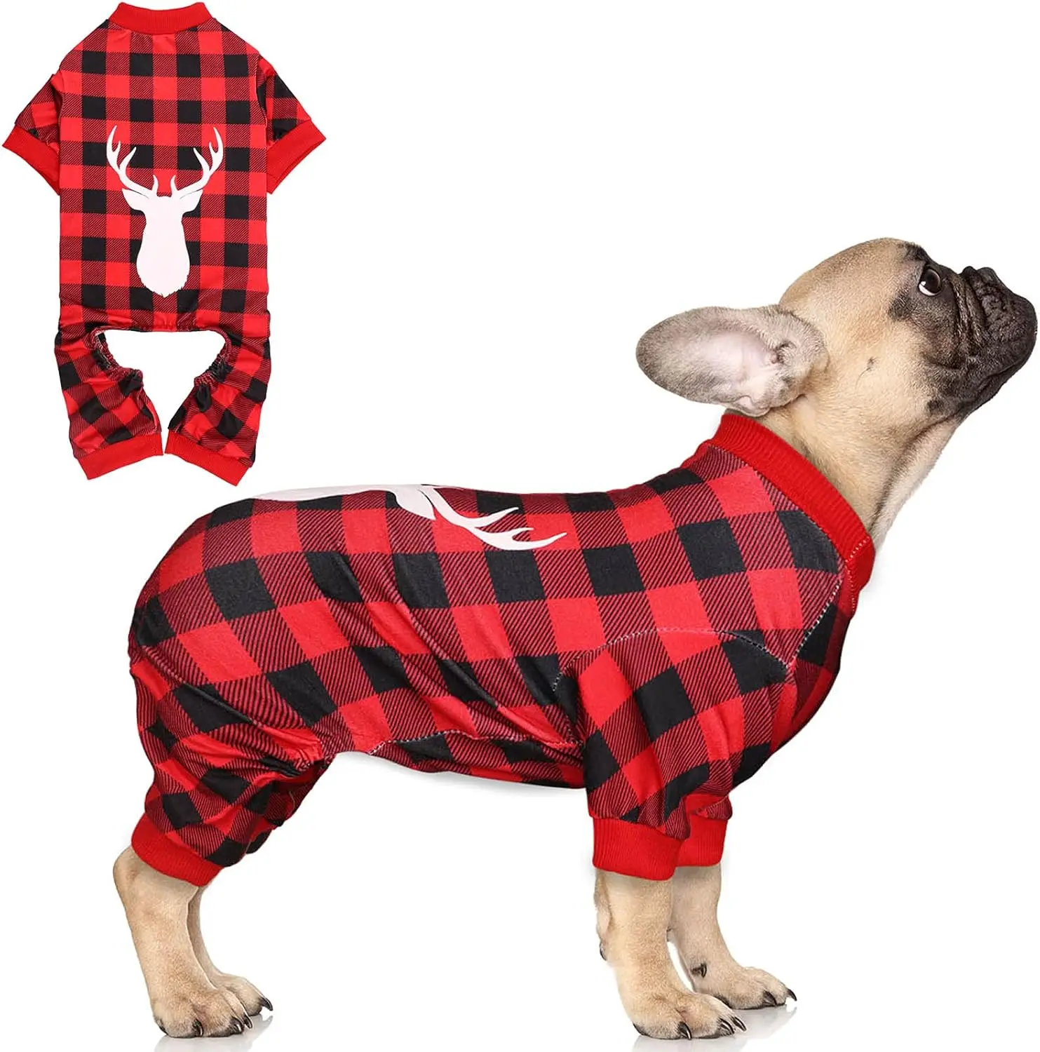 Pajamas Buffalo Plaid with Reindeer Print Pet Onesie Pet Pjs Super Soft and Stretchy  Christmas Pajamas for Small Dogs(S)