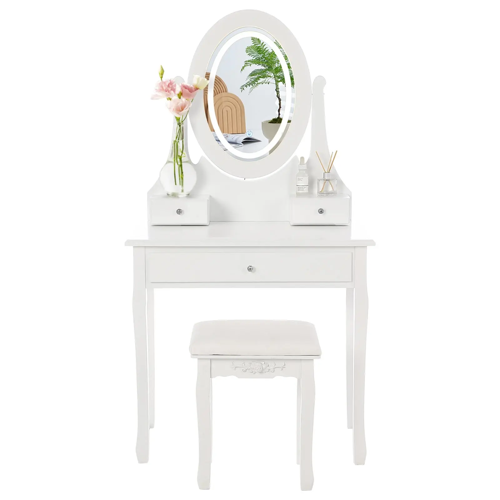 【GARVEE】Vanity Desk with Mirror and Lights - Modern Wood Makeup Dressing Table with Oval Mirror, 3 Lighting Modes, 5 Large Drawers, and Stool - Stylish Bedroom Furniture for Women and Girls, White Finish