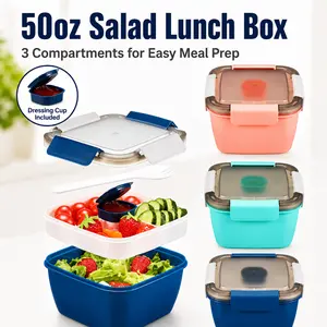 MIUVA 50oz Salad Lunch Container, 3-Compartment Bento Lunch Box with Dressing Cup & Snack Tray, Portable Meal Prep Food Storage Box for Work, Travel & Picnic