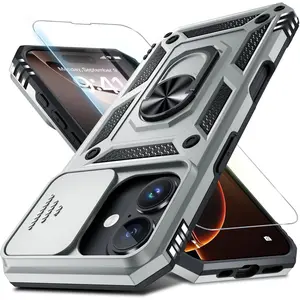 Janmitta Case for iPhone 12 & 12 Pro Phone Cover Built in Slide Camera Lens Cover+Screen Protector,Heavy Duty Shockproof Full Body PhoneCase with Finger Ring Holder Kickstand,Silver