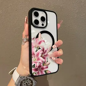 Magnetic Compatible Case for iPhone 16 E Pro Max 15 Plus 14 13 12 11 XS XR, Pink Lily Bunch Aesthetic Print | Shockproof, Silicone, Lightweight, Scratch Resistant, and Trendy Protection