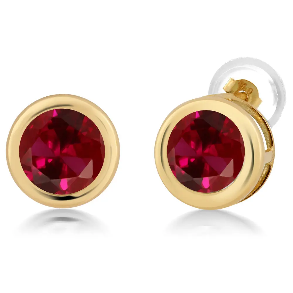 2.00 Ct Round 6mm Red Created Ruby 14K Yellow Gold Stud Earrings For Women Men