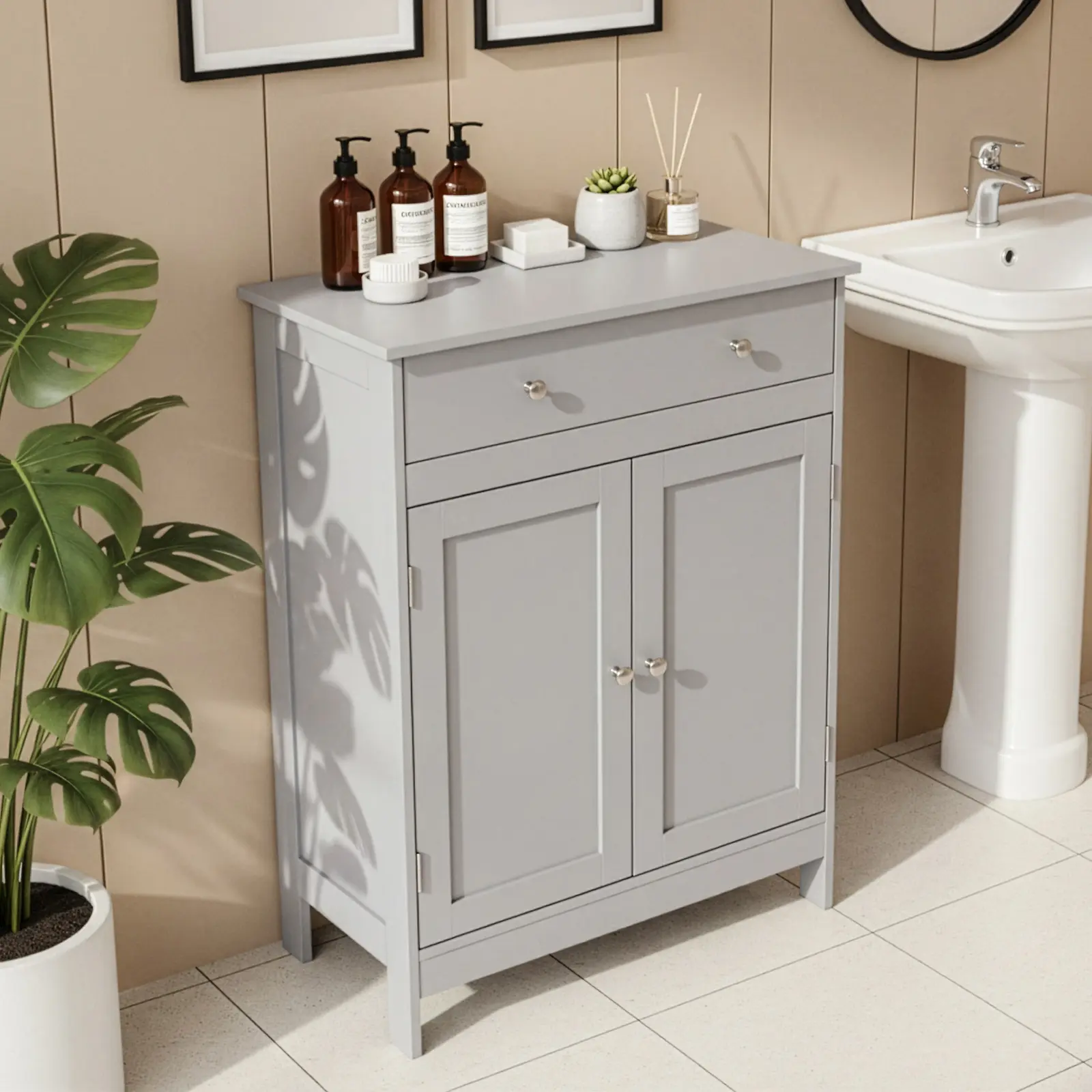Grey Particleboard Bathroom Storage Cabinet With Melamine Veneer, Single Large Drawer And Double Doors, Freestanding Bathroom Vanity Organizer Cabinet With Adjustable Inner Shelf For Bathroom Laundry Room